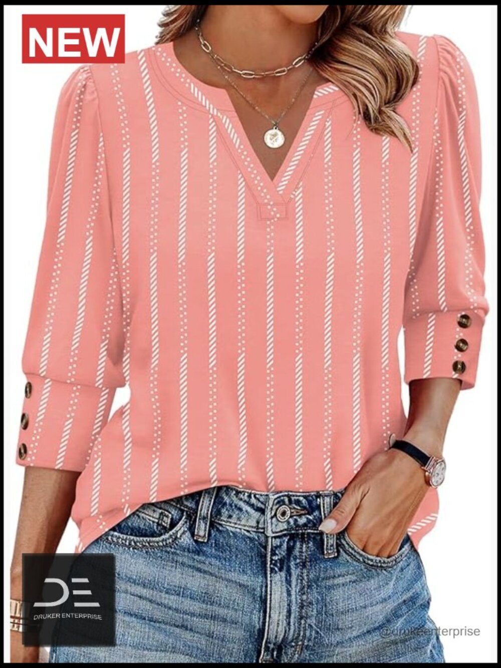 3/4 Sleeve V-Neck Blouse with Button Cuffs Dressy Casual Top